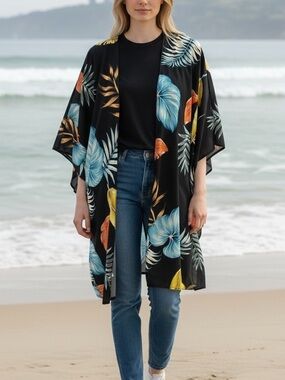 Black Tropical Leaf Print Summer Kimono Unbranded One Size